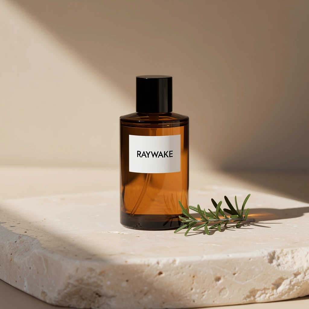 FLUX.2 Pro output: an amber perfume bottle resting diagonally on pale stone beside rosemary