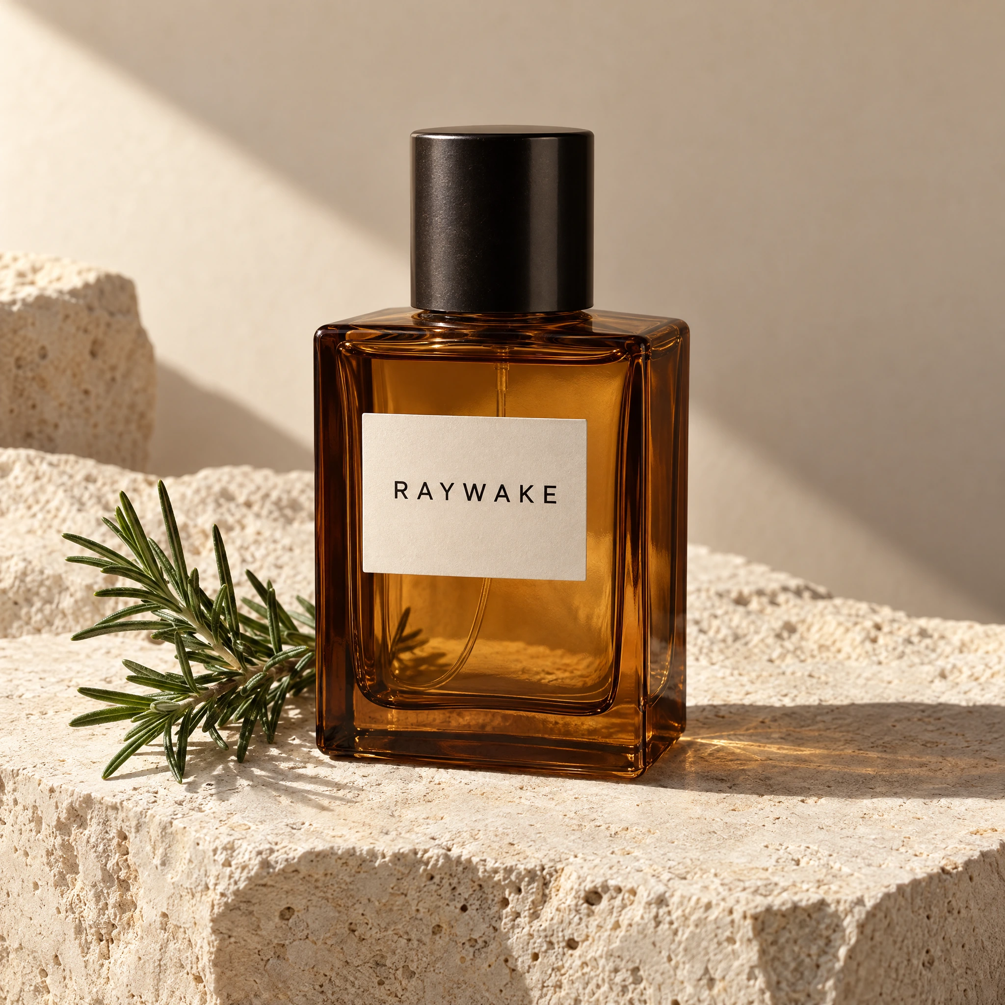 GPT Image 2.5 Sunburst output: a narrow upright amber perfume bottle with a RAYWAKE label and rosemary on pale stone