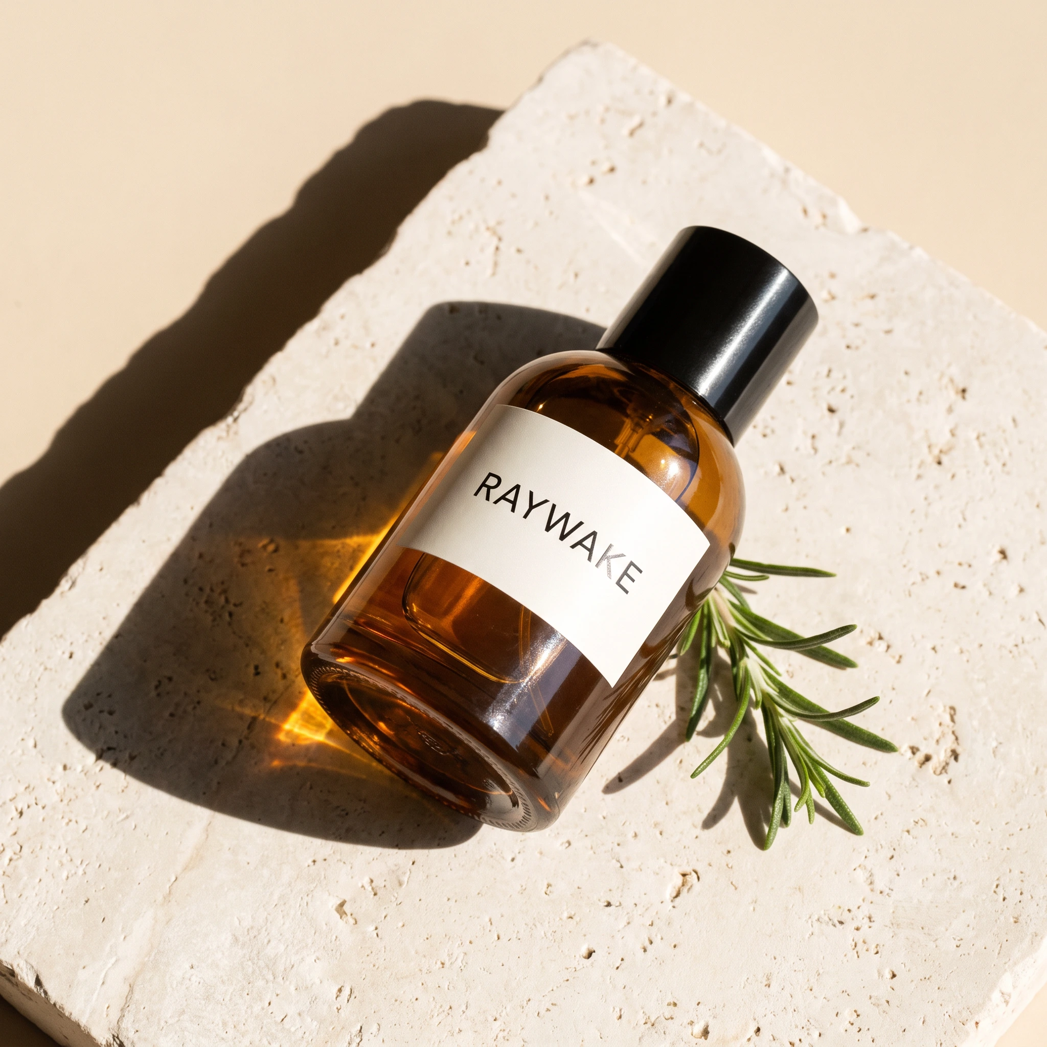 Nano Banana Pro output: an upright amber perfume bottle with a spaced RAYWAKE label and rosemary on textured pale stone