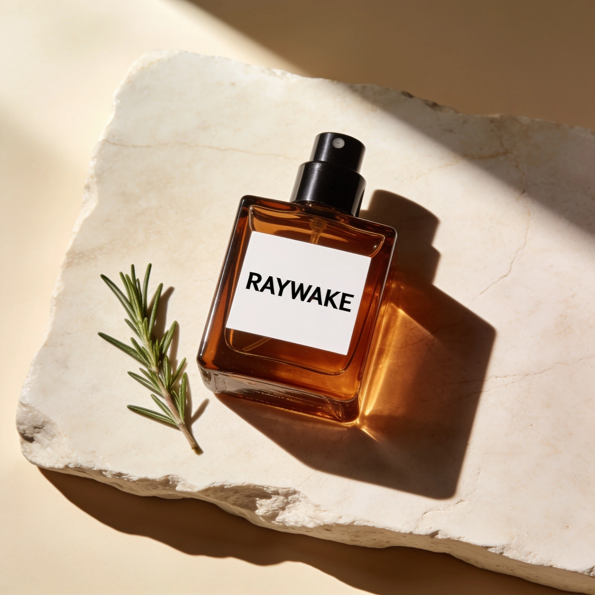 Seedream 4.5 output: a square amber perfume bottle with a visible spray nozzle, RAYWAKE label and rosemary