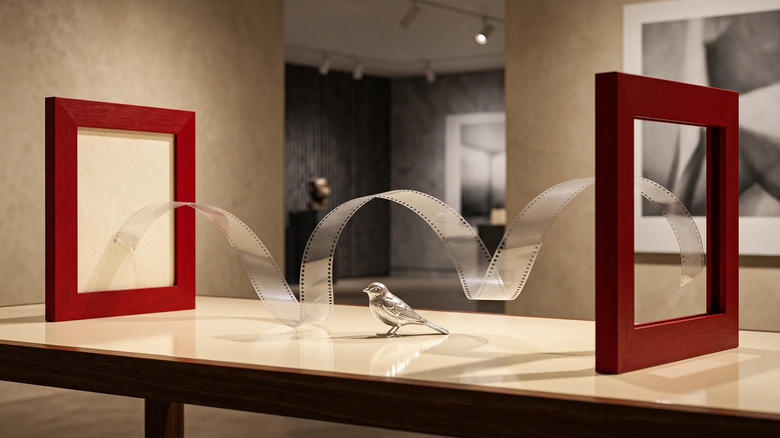Red photographic frames joined by a curved strip of film and a silver bird.