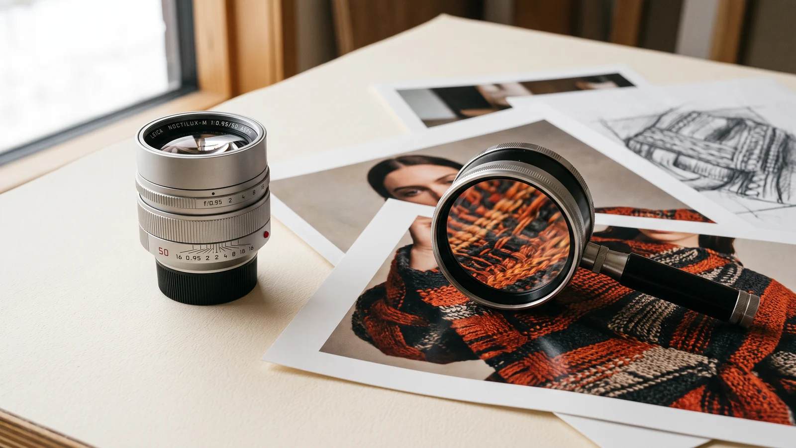 Camera lens and magnifying glass beside detailed fabric photographs.