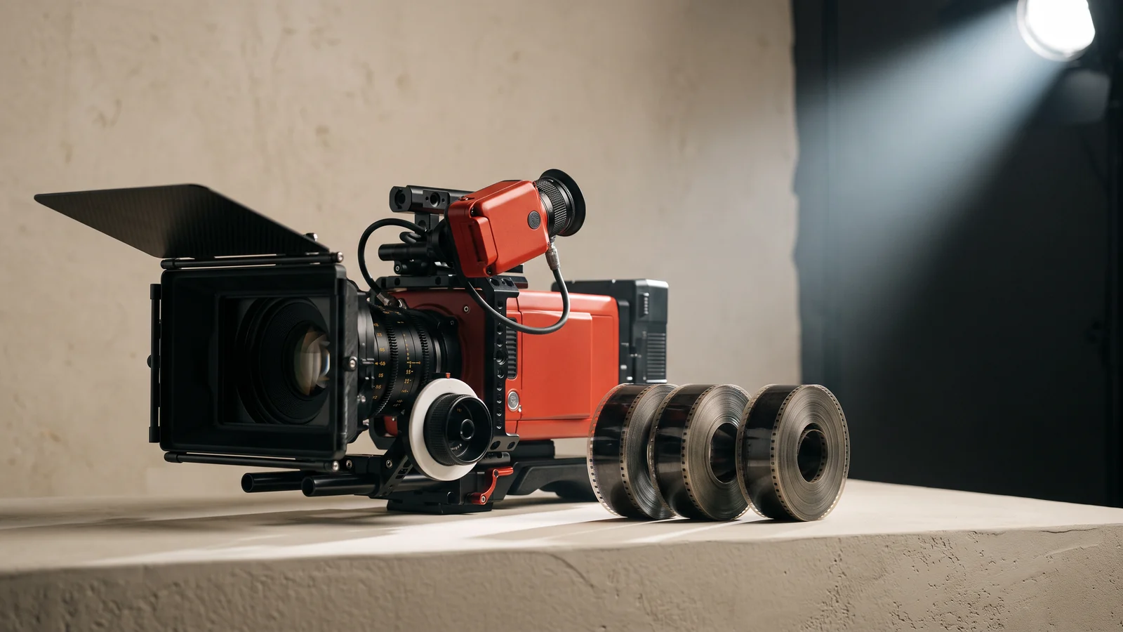 Red cinema camera and film reels under a studio spotlight.