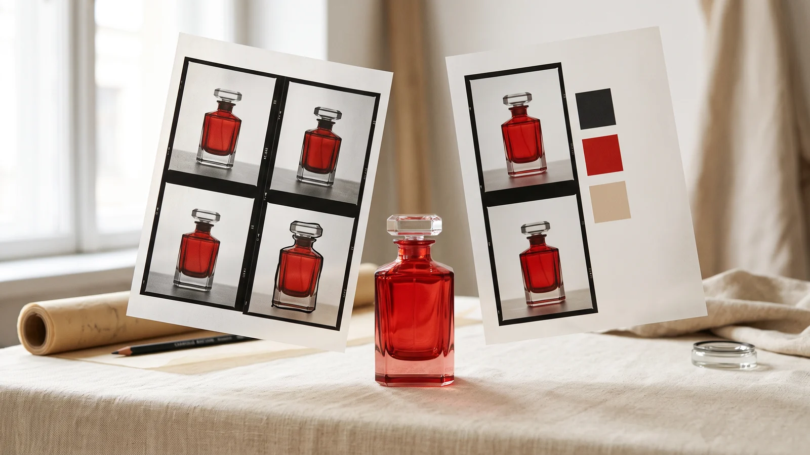 Red perfume bottle with photographic contact sheets and color references.