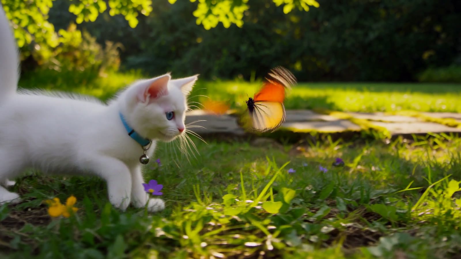 A white kitten with a blue collar watching an orange butterfly in a sunlit garden.