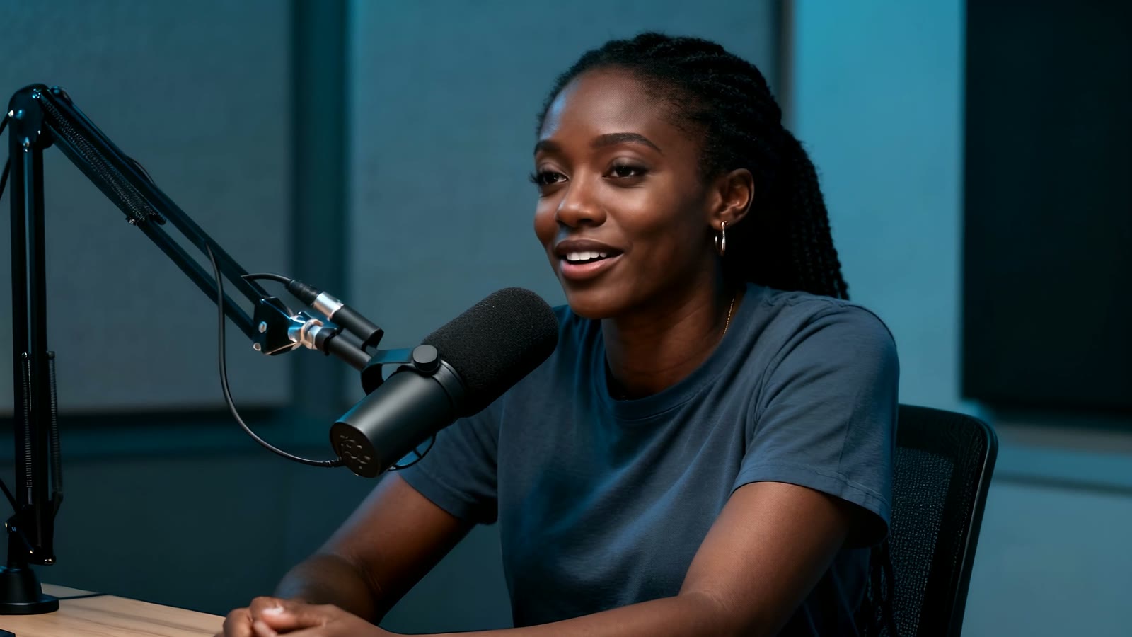 A woman speaking into a podcast microphone in a dim blue studio.