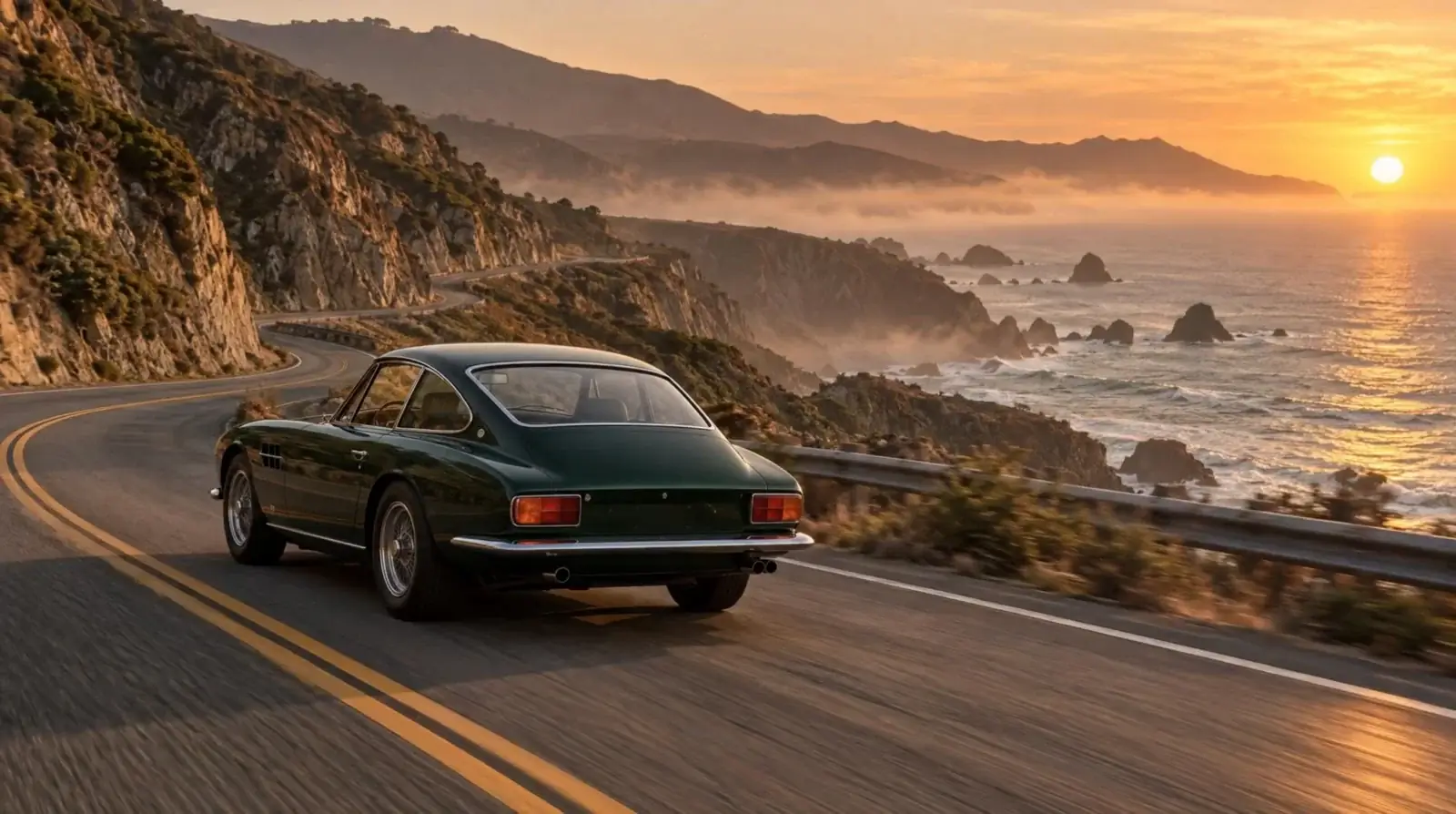 A green sports car on a coastal road, the motion-prompt example used in the guide