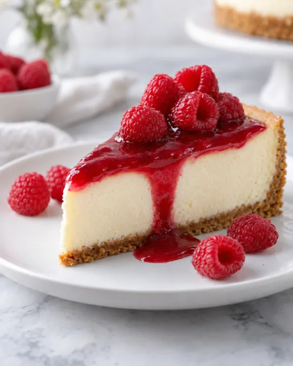 Yumuşak stüdyo ışığında bir dilim cheesecake ve ahududular